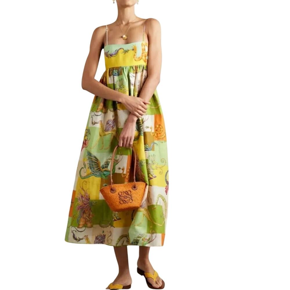 ALEMAIS Jerome Mystical Dragon Print Linen Midi Dress - Size 6 (AU 10 / US 6)